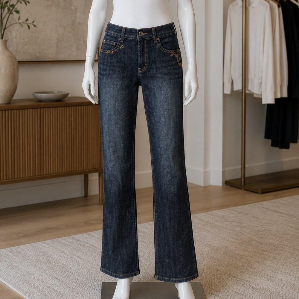 Chicos Platinum Womens Jeans Dark Wash Beaded Floral Straight Leg Size 1